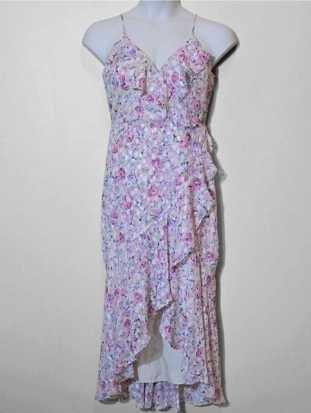 Express Floral Ruffle High Low Dress‎ Size M Romantic Feminine Faux Wrap Summer